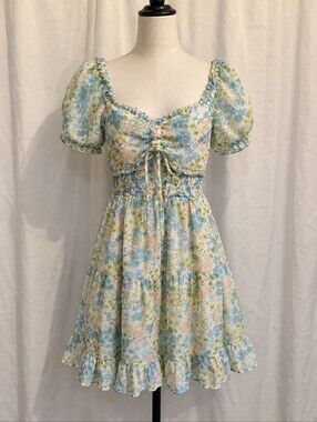Puff-Sleeve Floral Mini Dress in Floral Pastel Blue, Green and White